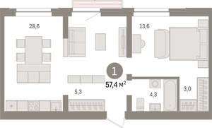 1-к квартира, вторичка, 57м2, 4/10 этаж