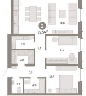 2-к квартира, вторичка, 78м2, 12/16 этаж