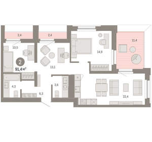 2-к квартира, вторичка, 91м2, 8/16 этаж