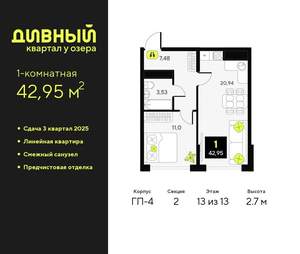 1-к квартира, вторичка, 43м2, 13/23 этаж