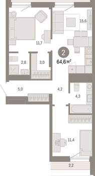 2-к квартира, вторичка, 65м2, 9/17 этаж