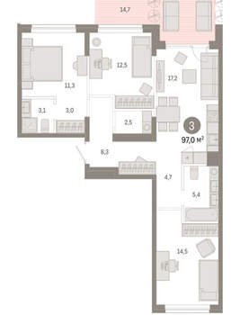 3-к квартира, вторичка, 97м2, 1/17 этаж