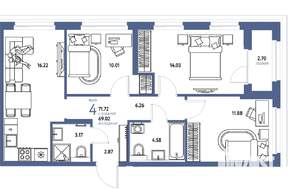 4-к квартира, строящийся дом, 72м2, 13/25 этаж