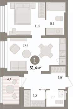1-к квартира, вторичка, 51м2, 6/8 этаж