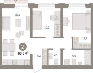 2-к квартира, вторичка, 63м2, 3/10 этаж