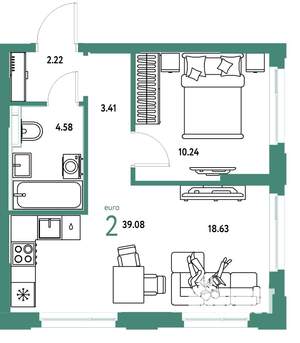 2-к квартира, вторичка, 39м2, 7/25 этаж