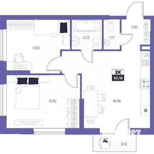 2-к квартира, строящийся дом, 55м2, 22/24 этаж