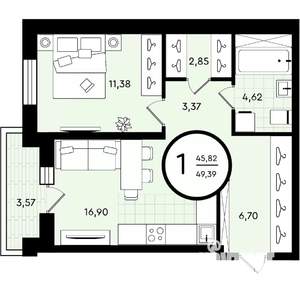 1-к квартира, вторичка, 49м2, 4/4 этаж