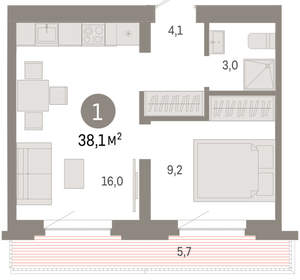 1-к квартира, вторичка, 38м2, 7/8 этаж