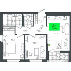 2-к квартира, строящийся дом, 60м2, 6/9 этаж