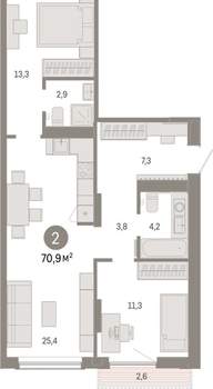 2-к квартира, вторичка, 71м2, 3/17 этаж