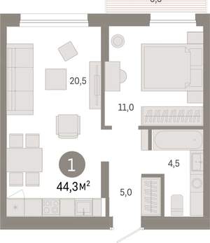 1-к квартира, вторичка, 44м2, 4/17 этаж