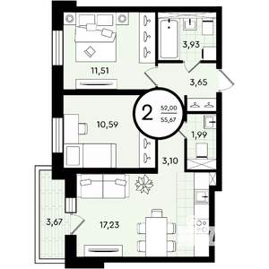 2-к квартира, вторичка, 56м2, 2/4 этаж