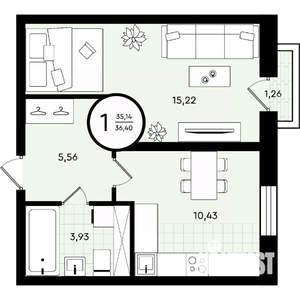 1-к квартира, вторичка, 36м2, 2/4 этаж