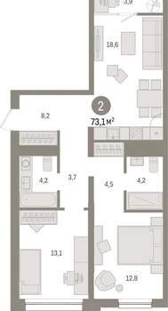 2-к квартира, вторичка, 73м2, 6/9 этаж