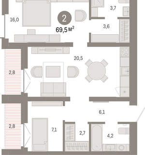 2-к квартира, вторичка, 69м2, 4/16 этаж