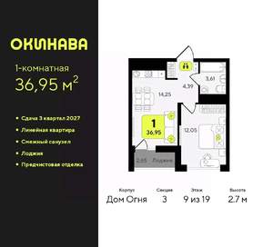 1-к квартира, вторичка, 37м2, 9/19 этаж
