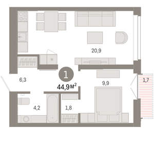 1-к квартира, вторичка, 45м2, 7/16 этаж