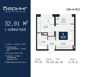 1-к квартира, вторичка, 32м2, 6/16 этаж
