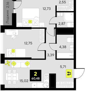 2-к квартира, вторичка, 60м2, 7/14 этаж