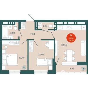2-к квартира, вторичка, 56м2, 2/19 этаж