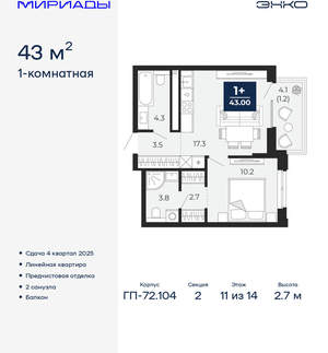 1-к квартира, вторичка, 43м2, 11/18 этаж