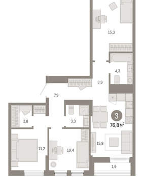 3-к квартира, сданный дом, 77м2, 9/17 этаж