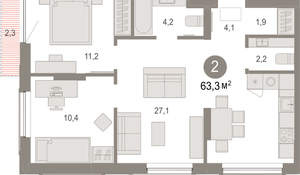 2-к квартира, вторичка, 63м2, 6/17 этаж