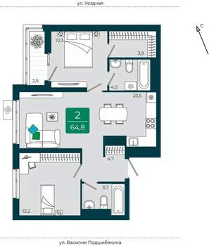 2-к квартира, вторичка, 65м2, 16/16 этаж
