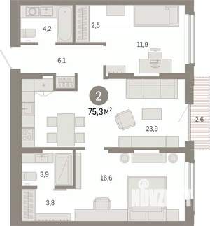 2-к квартира, вторичка, 75м2, 15/17 этаж