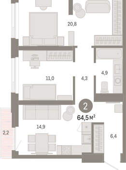 2-к квартира, вторичка, 64м2, 6/25 этаж
