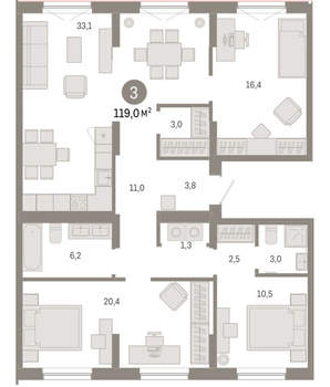 3-к квартира, вторичка, 119м2, 8/17 этаж