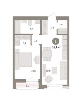 1-к квартира, вторичка, 51м2, 5/7 этаж