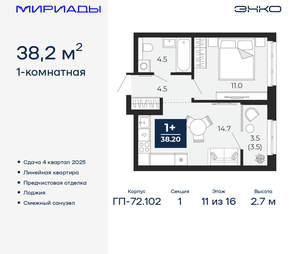 1-к квартира, вторичка, 38м2, 11/16 этаж