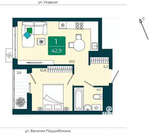 1-к квартира, вторичка, 43м2, 3/9 этаж