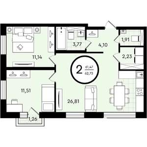 2-к квартира, вторичка, 63м2, 3/4 этаж