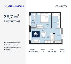 1-к квартира, вторичка, 36м2, 13/14 этаж