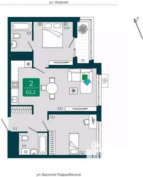 2-к квартира, вторичка, 62м2, 9/16 этаж