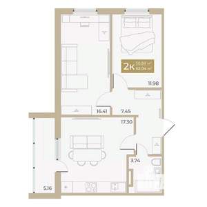 2-к квартира, строящийся дом, 57м2, 6/18 этаж