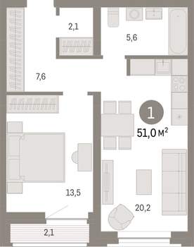 1-к квартира, вторичка, 51м2, 3/10 этаж
