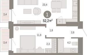 1-к квартира, вторичка, 52м2, 5/16 этаж