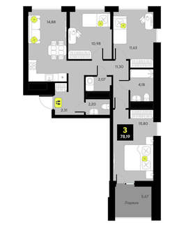 3-к квартира, сданный дом, 73м2, 13/14 этаж