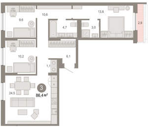 3-к квартира, вторичка, 86м2, 7/17 этаж