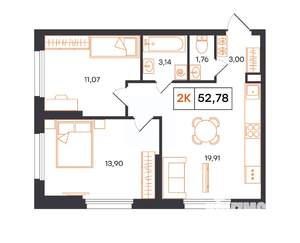 2-к квартира, строящийся дом, 53м2, 1/24 этаж