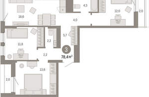 3-к квартира, сданный дом, 78м2, 9/17 этаж