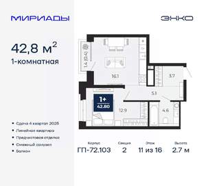 1-к квартира, вторичка, 43м2, 11/16 этаж