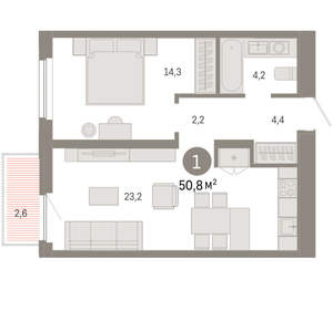 1-к квартира, вторичка, 51м2, 11/16 этаж