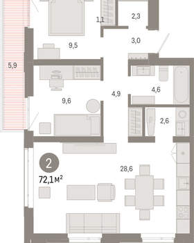 2-к квартира, вторичка, 72м2, 4/25 этаж