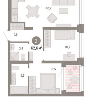 2-к квартира, вторичка, 63м2, 2/8 этаж