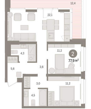 2-к квартира, вторичка, 78м2, 12/16 этаж